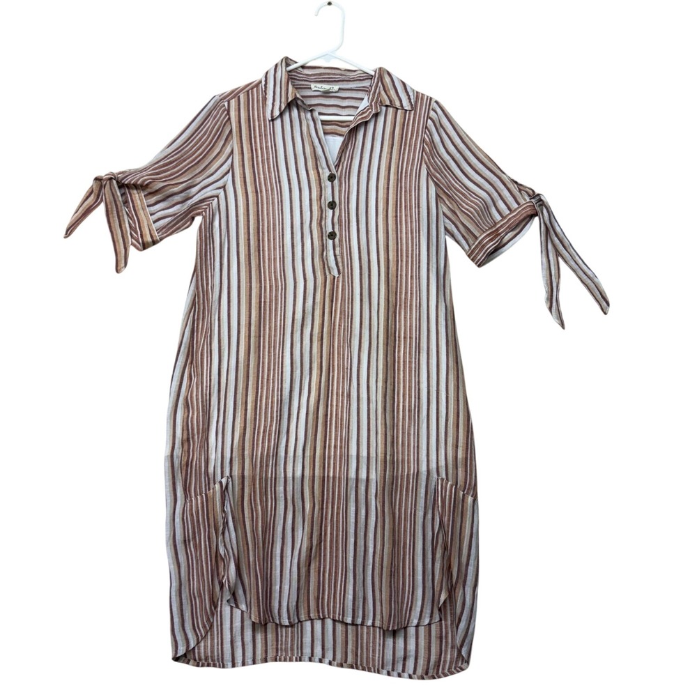 Indigo Rose Striped Shirt Dress Brown Tan White Tie Sleeve Henley Medium